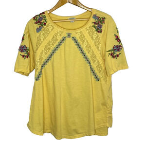 Women's XL Sundance Yellow Embroidered Short Sleeve Cotton T-Shirt Boho